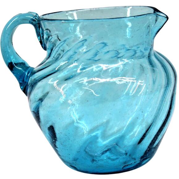 Little Hand Blown Pitcher Aqua Blue Twisted Spiral • 3" Tall • Collectable - Picture 1 of 5